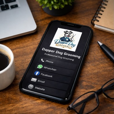 phone mock up showing a digital business contact hub for brand wizard for business